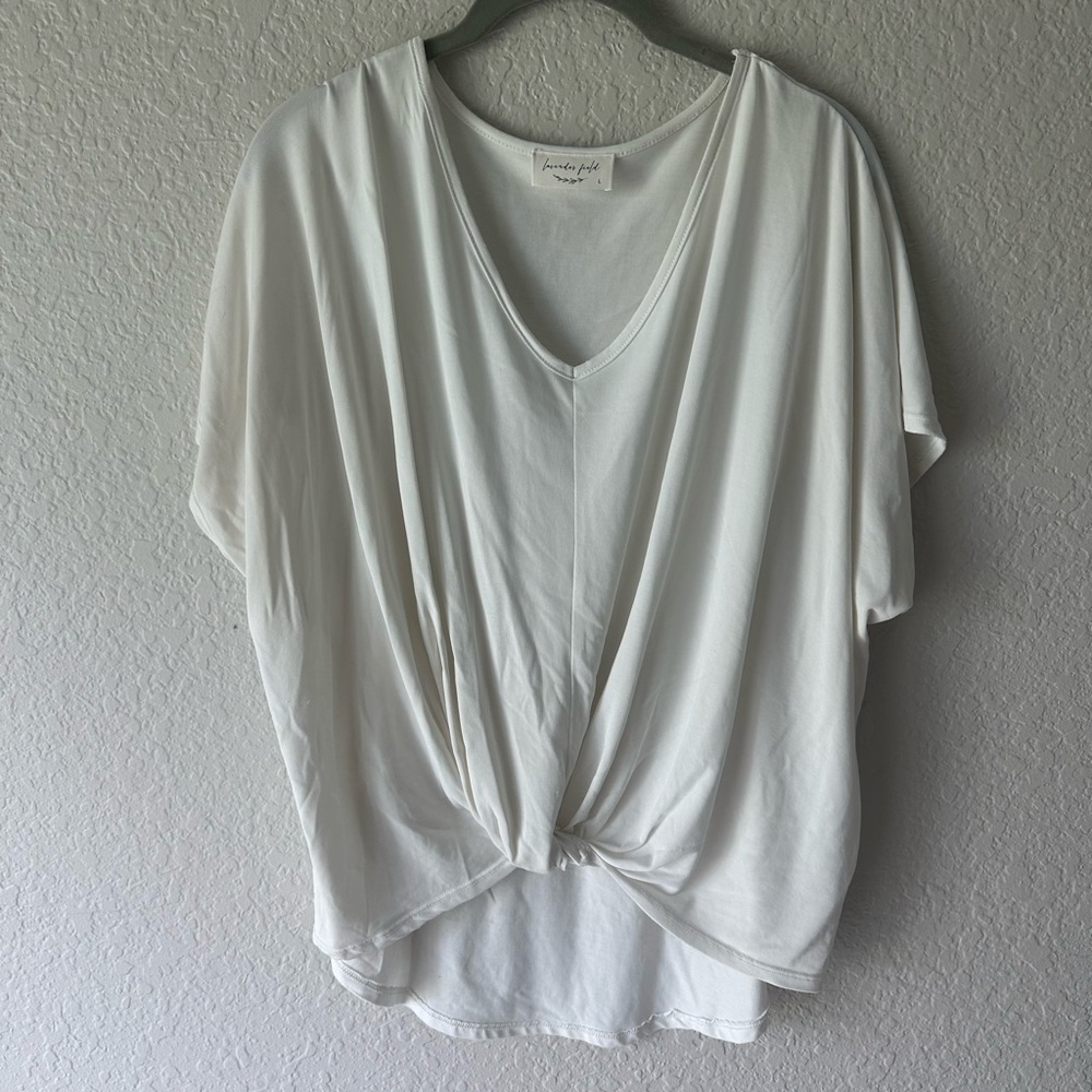 Lavender Field White Twist Front V Neck Blouse Top Size L